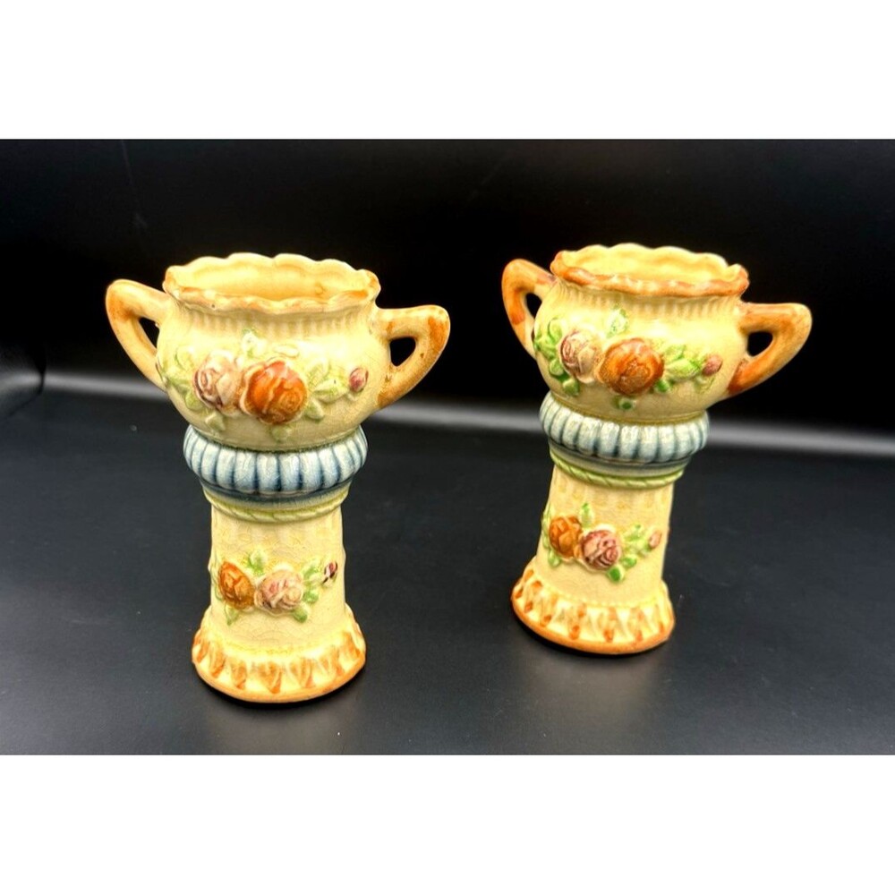 2 Matching Vintage Trophy Style Vases, Japan, Multicolored Floral Design, 5 1/2”